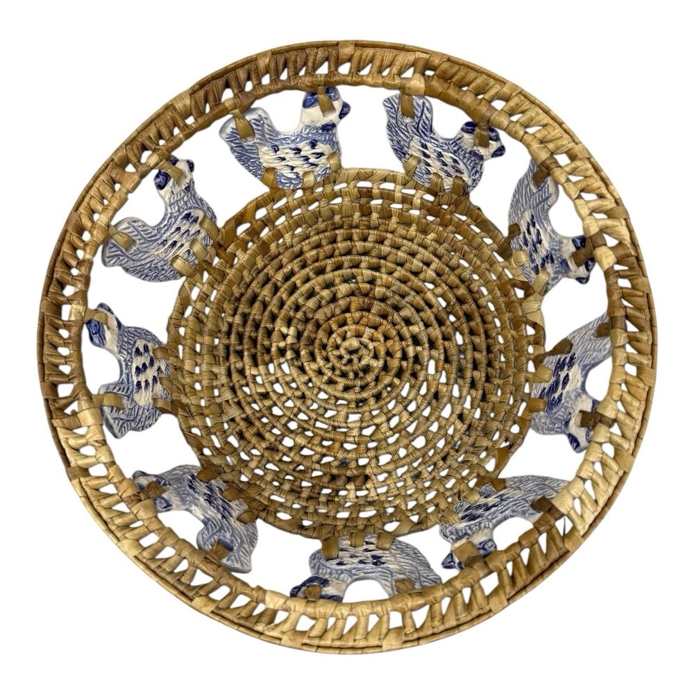 Round Wicker Basket with Ceramic Chickens 9" Wide